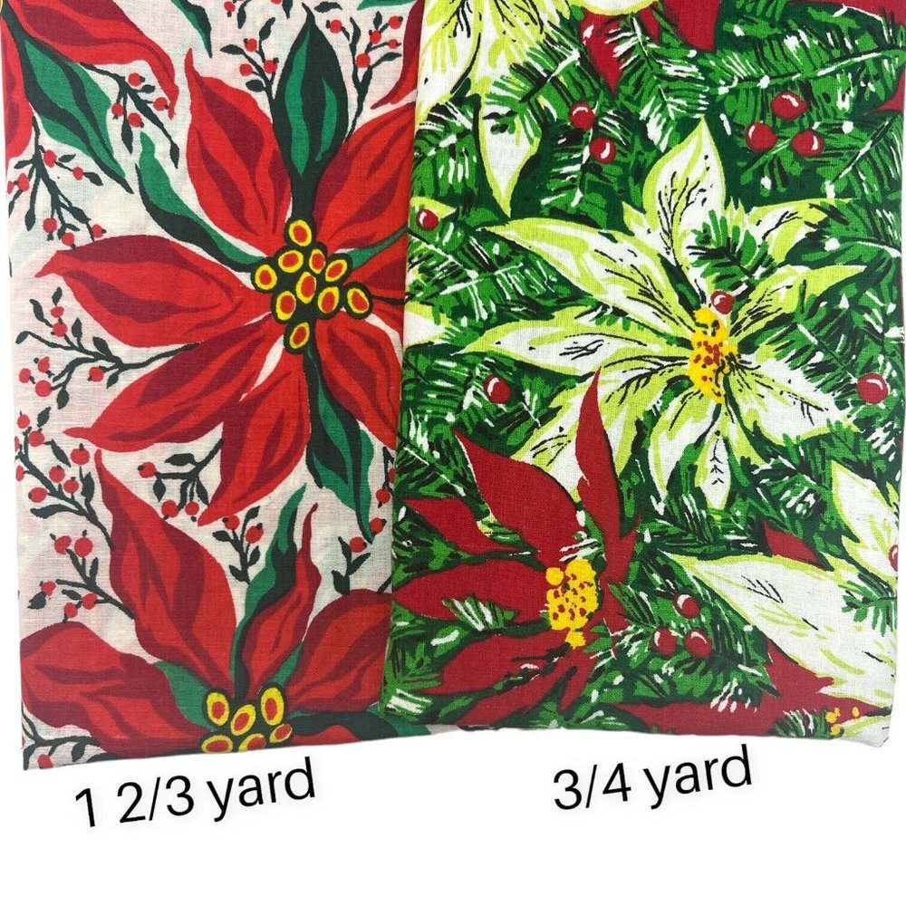 Vintage Christmas Poinsettia Print Fabric Cotton LOT Red Green Larger Scale.